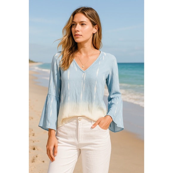 FifteenTwenty Womens Blue Cream Tie Dye Bell Sleeve V Neck Top Sz S Tencel Boho - Picture 1 of 9